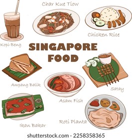 MALAYSIA SINGAPORE LOCAL FOOD CURRY PUFF NASI LEMAK KOPI SATAY IKAN BAKAR CHICKEN RICE ROTI CANAI HAND DRAWN 