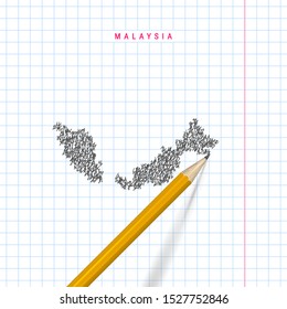 Malaysia sketch scribble map drawn on checkered school notebook paper background. Hand drawn vector map of Malaysia. Realistic 3D pencil.