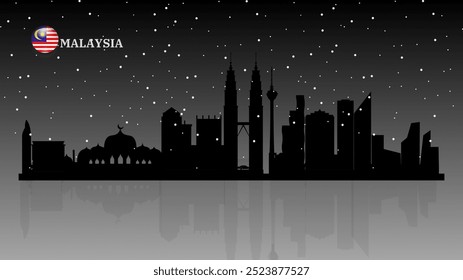 malaysia skyline, Malaysia cityscape, Malaysia skyscraper buildings beautiful snow falling vector silhouette. vector illustrator