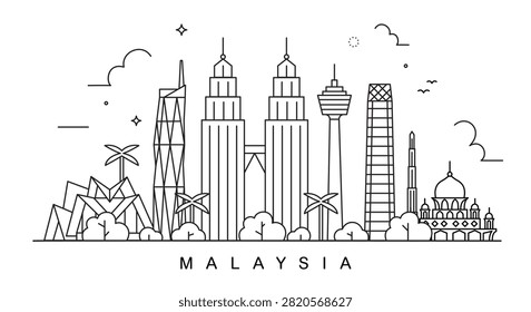 Malaysia skyline linear vector illustration with kuala lumpur landmarks line art isolated on white background