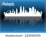 Malaysia, skyline silhouette vector design on parliament blue and black background.