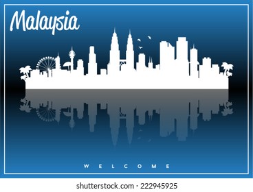 Malaysia, skyline silhouette vector design on parliament blue and black background.