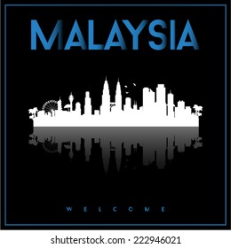 Malaysia, skyline silhouette vector design on parliament blue and black background.