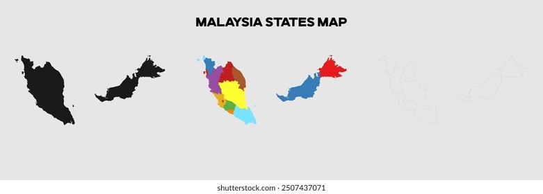 Mapa de los Estados de Malasia en colores. Archivo EPS también en selhoutte y forma delineada. Archivo EPS editable.