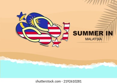 Malaysia summer holiday vector banner, beach vacation concept, flip flops sunglasses starfish on sand, copy space area, Malaysia summer travel and tourism idea with flag