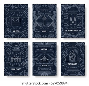 Malaysia thin line brochure cards set. Country traditional template of flyear, magazines, posters, book cover, banners. Architecture outline invitation concept background. Layout quality modern pages