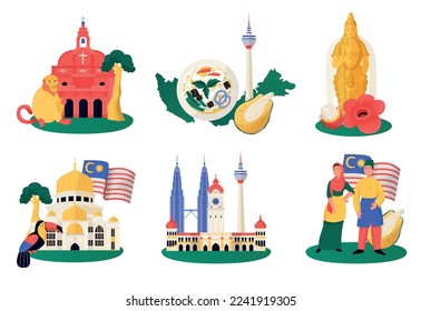 Malaysia travel compositions flat set with tourist attractions and cultural symbols isolated vector illustration