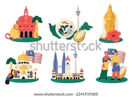 Malaysia travel compositions flat set with tourist attractions and cultural symbols isolated vector illustration