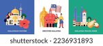 Malaysia travel concept flat set with local culture symbols isolated vector illustration