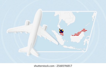 Malaysia Travel Illustration with Plane and National Flag. Ideal for travel agencies, promotional materials, or geographic content related to Malaysia.