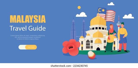 Malaysia travel poster with travel landmarks and architectural symbols vector illustration