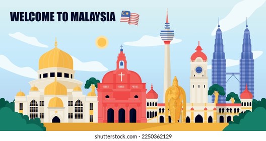 Malaysia travel poster with travel landmarks and architectural symbols vector illustration