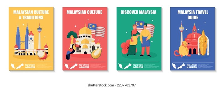 Malaysia travel poster set with culture and tradition symbols isolated flat vector illustration