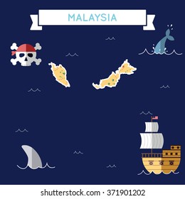 Malaysia treasure map in flat design. Colorful cartoon treasure map of Malaysia with flat design icons of pirate ship and jolly roger. Malaysia flat design vector illustration.
