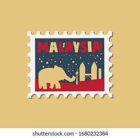 Malaysia typographic composition. Malaysia hand drawn vector illustration isolated on dark background. Post stamp design