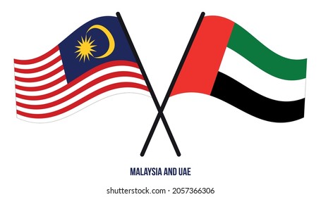 Die Flaggen Malaysias und der VAE überquerten und wehenden Flachstil. Offizieller Anteil. Korrigieren Sie Farben.