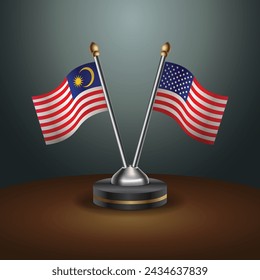 Malaysia and United States table flags with gradient backgrund. Vector Illustration