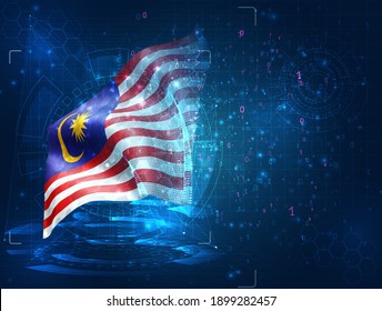 Malaysia, vector 3d flag on blue background with hud interfaces