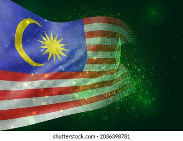 Malaysia, vector 3d flag on green background with polygons and data numbers
