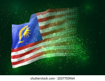 Malaysia, vector 3d flag on green background with polygons and data numbers