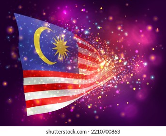 Malaysia, vector 3d flag on pink purple background with lighting and flares