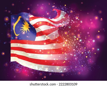 Malasia, bandera vectorial 3d sobre fondo púrpura rosa con iluminación y bengalas