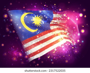 Malaysia, vector 3d flag on pink purple background with lighting and flares