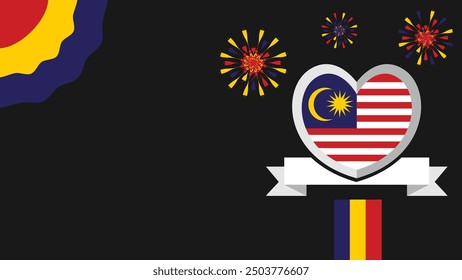 Malaysia vector banner design illustration with flag colors, geometric shapes and typography. fireworks and ribbon elements.
