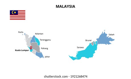 Plantilla de infografía de mapas vectoriales de Malasia dividida por estados, regiones o provincias. Presentación con diapositivas.