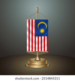 Malaysia Vertical table flag with golden pole on dark gradient background, Template banner vector Illustration