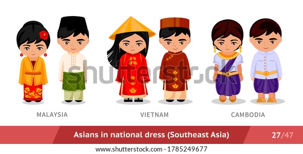 Malaysia, Vietnam, Cambodia. Men and women\
in national dress. Set of asian people wearing ethnic traditional\
costume. Isolated cartoon characters. Southeast Asia. Vector flat\
illustration.