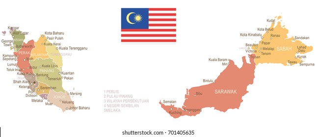 Malaysia Vintage Map And Flag - Vector Illustration