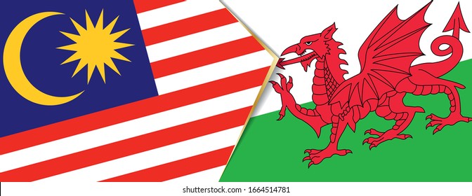 Malaysia and Wales flags, two vector flags symbol of relationship or confrontation.