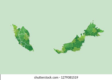 Malaysia watercolor map vector illustration of green color with border lines of different states on light background using paint brush in page