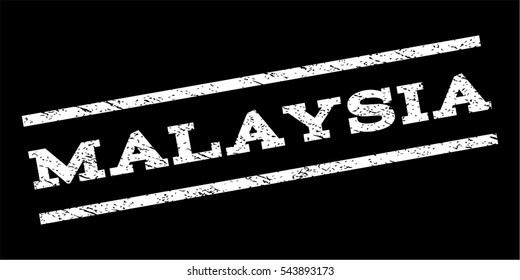 Malaysia watermark stamp. Text caption between parallel lines with grunge design style. Rubber seal stamp with unclean texture. Vector white color ink imprint on a black background.