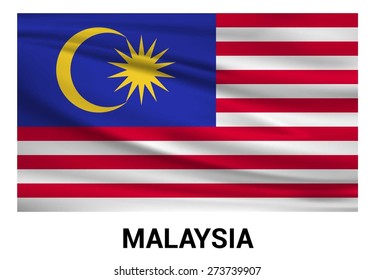 Malaysia Waving flag isolated vector in official colors and Proportion Correctly. waving wind Flag realistic fabric effect. country's name label in bottom