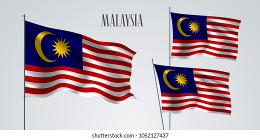 Malaysia waving flag set of vector illustration. Blue red colors of Malaysia wavy realistic flag as a patriotic symbol