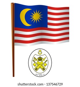 malaysia wavy flag and coat of arm against white background, vector art illustration, image contains transparency