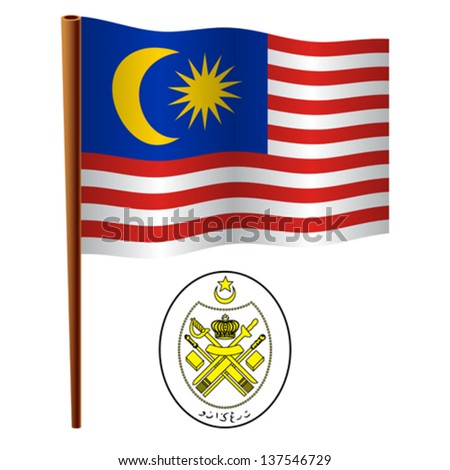 malaysia wavy flag and coat of arm against white background, vector art illustration, image contains transparency