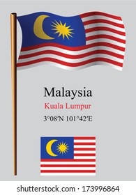 malaysia wavy flag and coordinates against gray background, vector art illustration, image contains transparency
