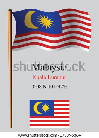 malaysia wavy flag and coordinates against gray background, vector art illustration, image contains transparency