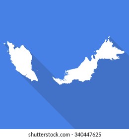 Malaysia white map,border flat simple style with long shadow on blue background