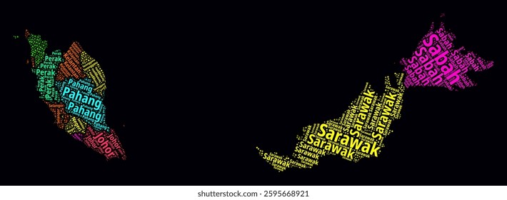 Malaysia Word Cloud. Region names of the country in Malay language. Bright neon style design on dark background. Malaysia shape with administrative division. Artistic vector illustration.