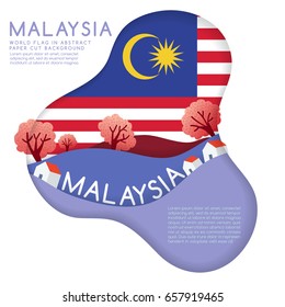 Malaysia : World Flag in paper cut shapes with trees and mountains in the layers : Vector Illustration