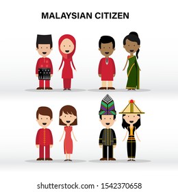 Malaysian Citizen, Malay, Chinese, Indian And Kadazan Vecctor Drawing 