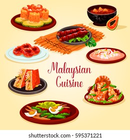 Malaysian cuisine cartoon poster. Grilled chicken, fried rice with bean and prawn, seafood risotto, vegetable salad with egg, stuffed tofu with cucumber, papaya shrimp soup, fish salad, potato donut