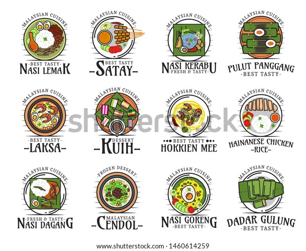 Malaysian cuisine isolated national food logos.
Vector nasi lemak and satay, kerabu and pulut panggang, laksa and
kuih, hokkien mee, hainanese chicken rice, nasi dagang and doreng,
cendol and dadar