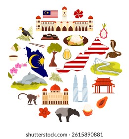 Malaysian culture elements and landmarks, flag and map of Malaysia, food in round infographic banner. Rambutan and hibiscus, Sultan Abdul Aamad building and animals cartoon vector illustration