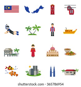 Malaysian culture symbols and tourist attractions with map and national flag flat icons collection abstract vector  isolated illustration