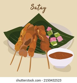 Malaysian famous food satay on banana leaf with cucumber and red onions. Flat vector illustration of satay. Southeast Asian dish of seasoned, skewered and grilled meat, served with peanut sauce.